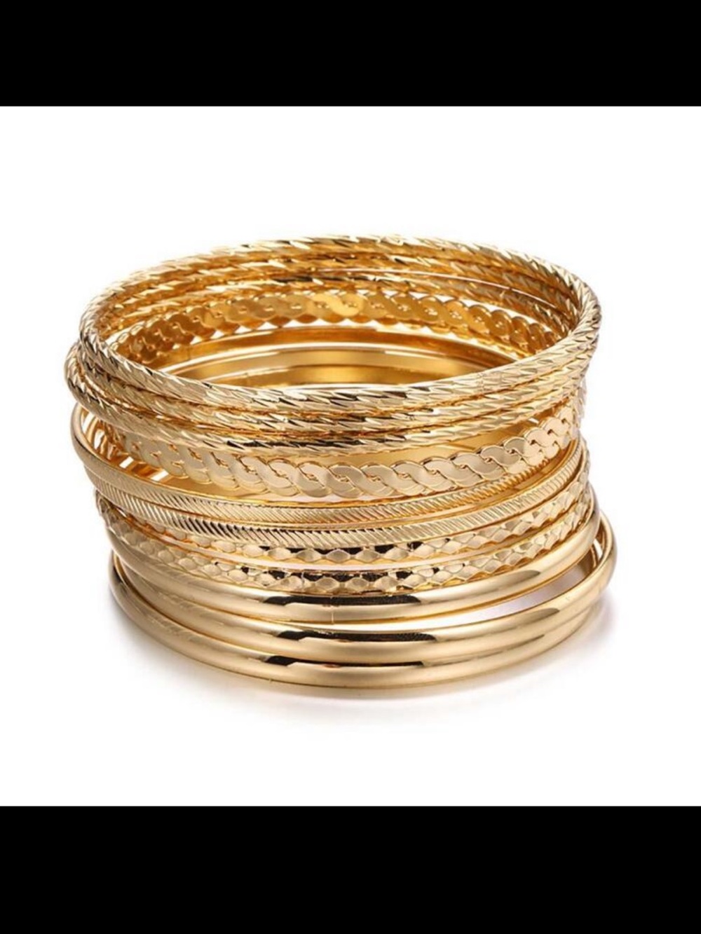 Yellow Gold Tone Multi-Texture Bangle Bracelet Set - Women Jewelry